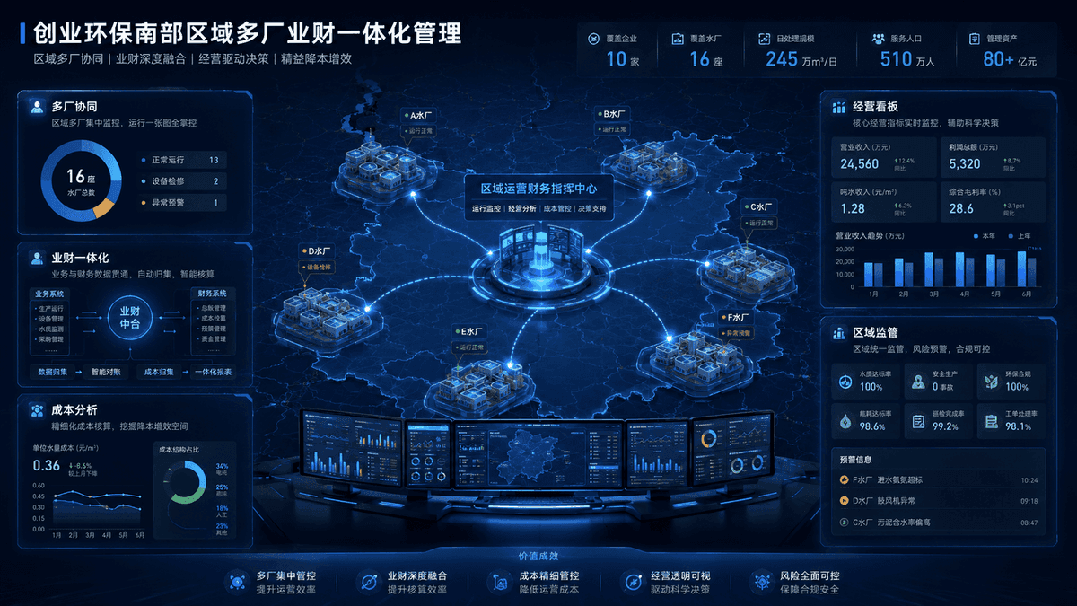 创业环保南部区域·多厂业财一体化管理示意图