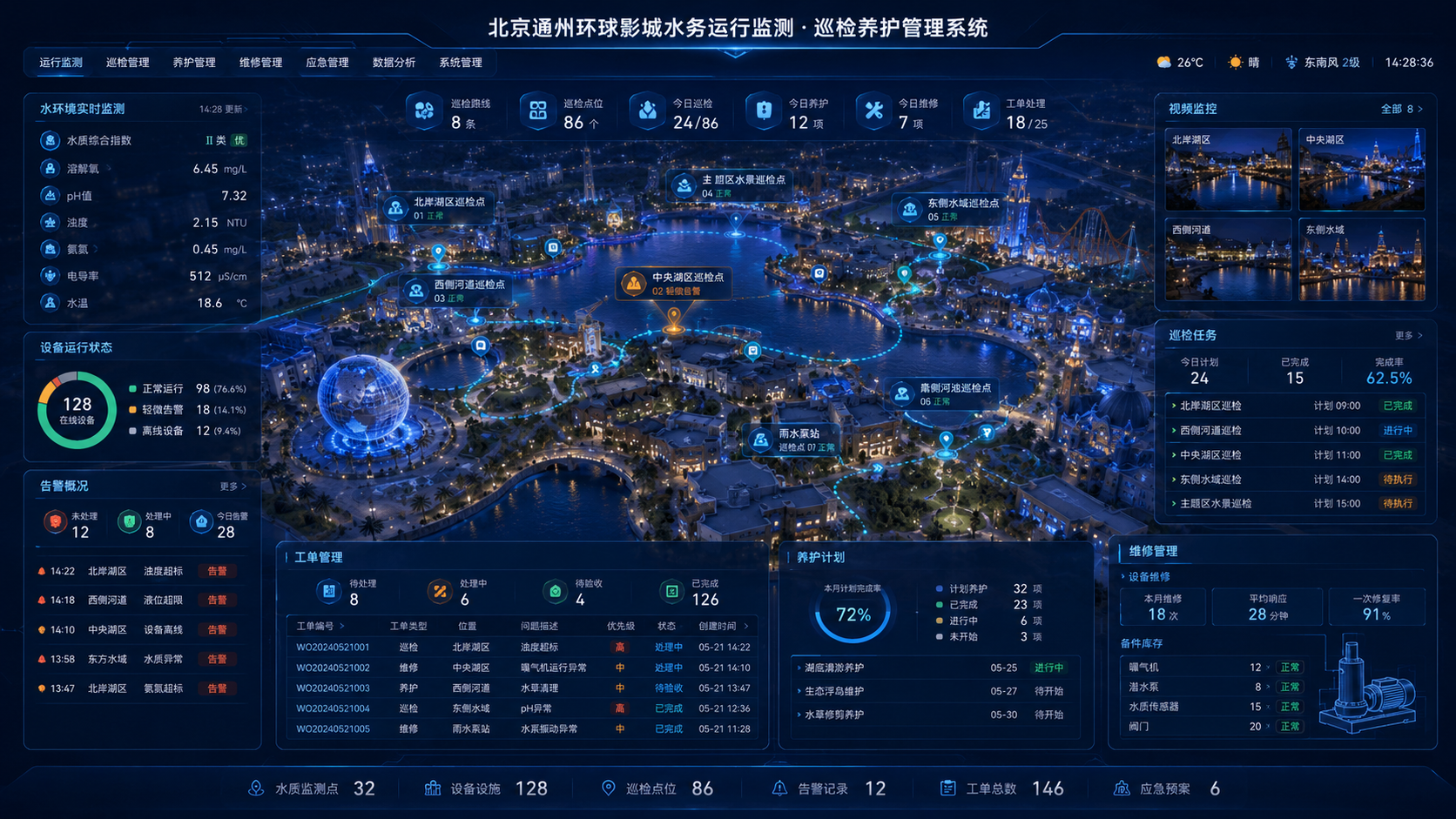 水务运行监测·巡检养护管理系统:巡检路线、工单管理、养护计划与维修管理一屏统览